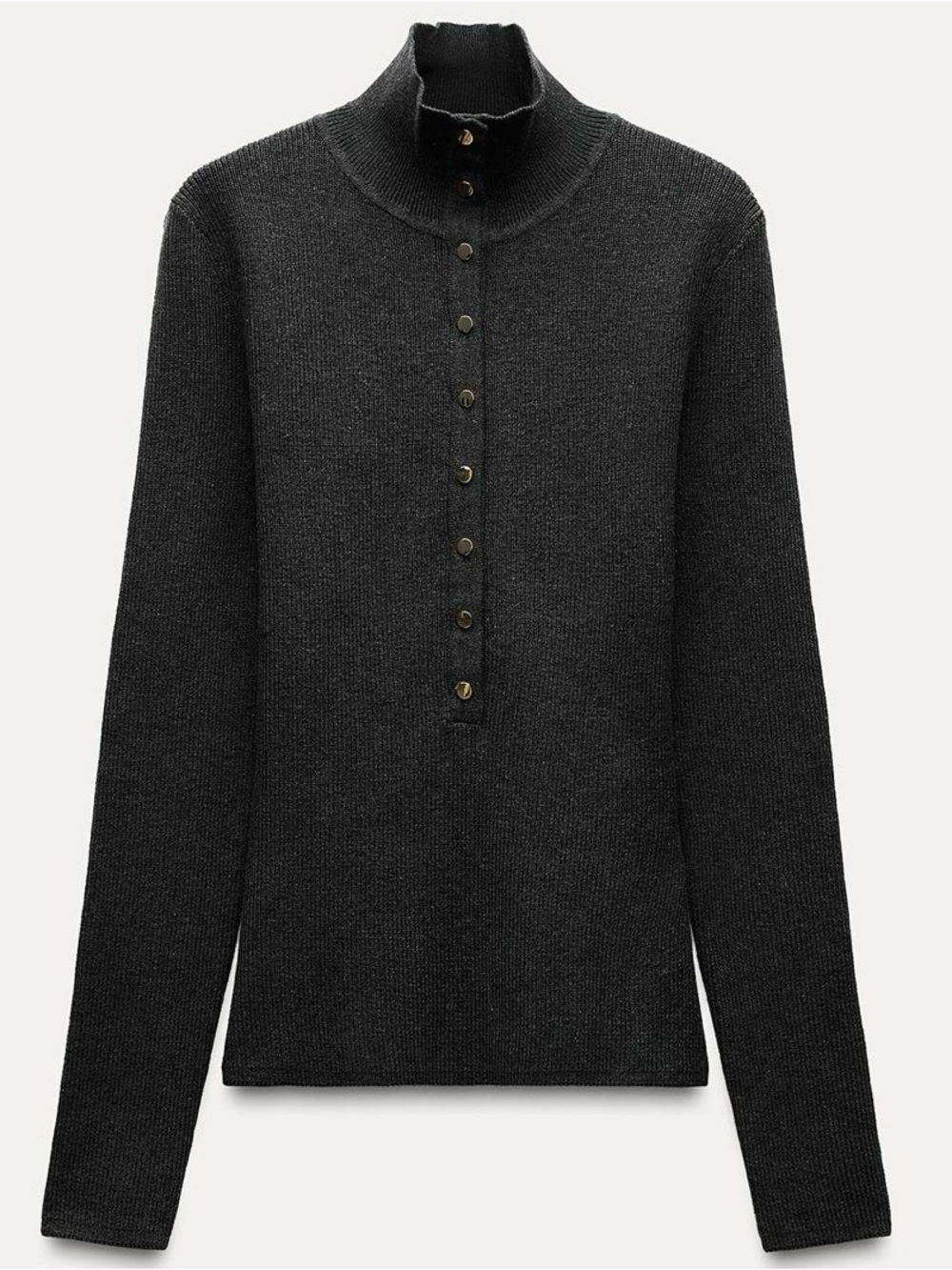 Zara- Charcoal Button-Front Mock Neck Sweater Top